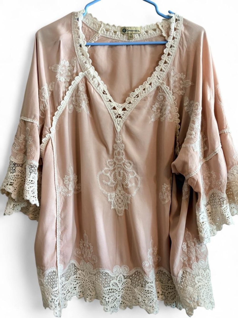 Democracy Blush Lace-Trim Peasant Top Sz 2X